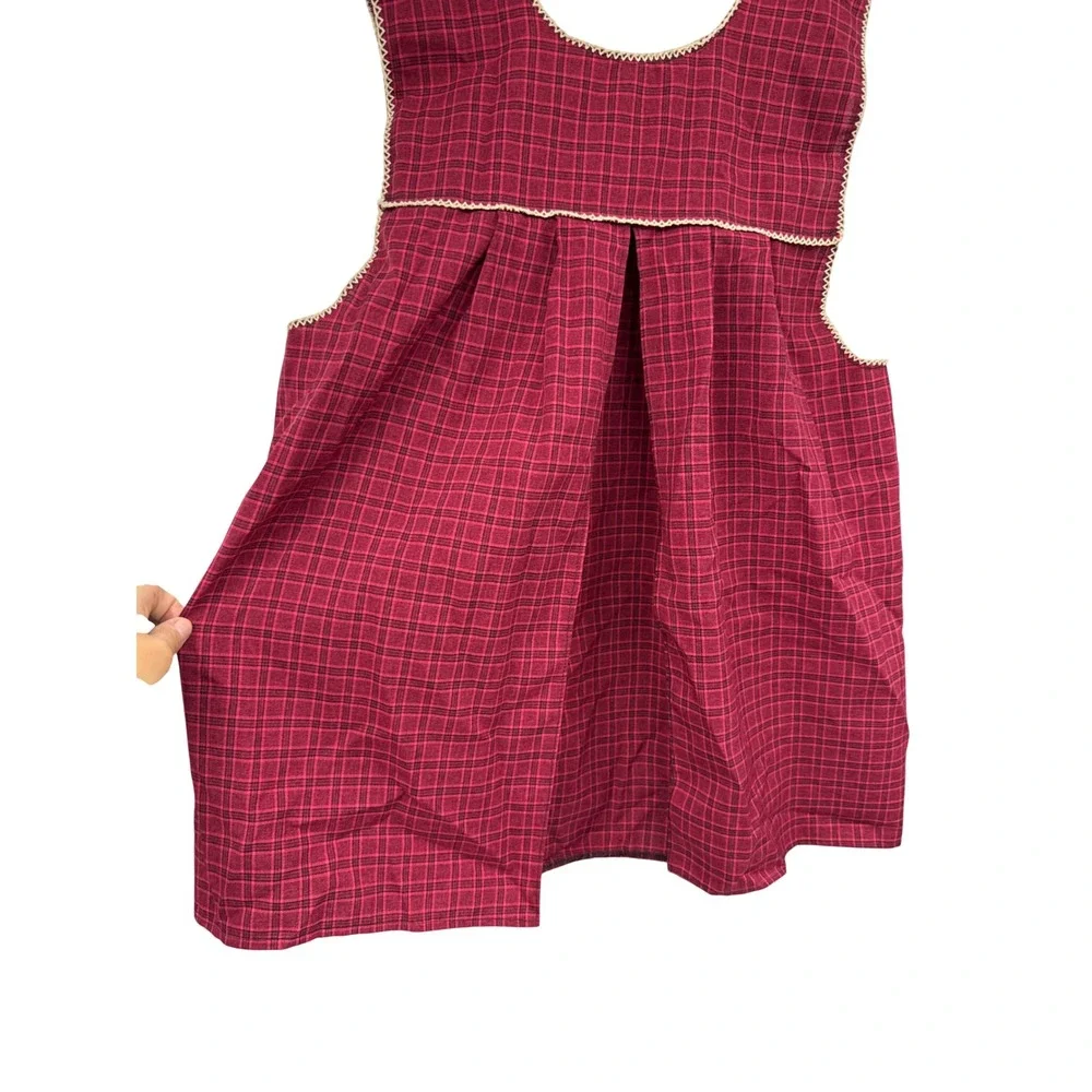 Handmade Plaid Reindeer Cross Stitch Pinafore Apron Red Black Folk Art Pockets